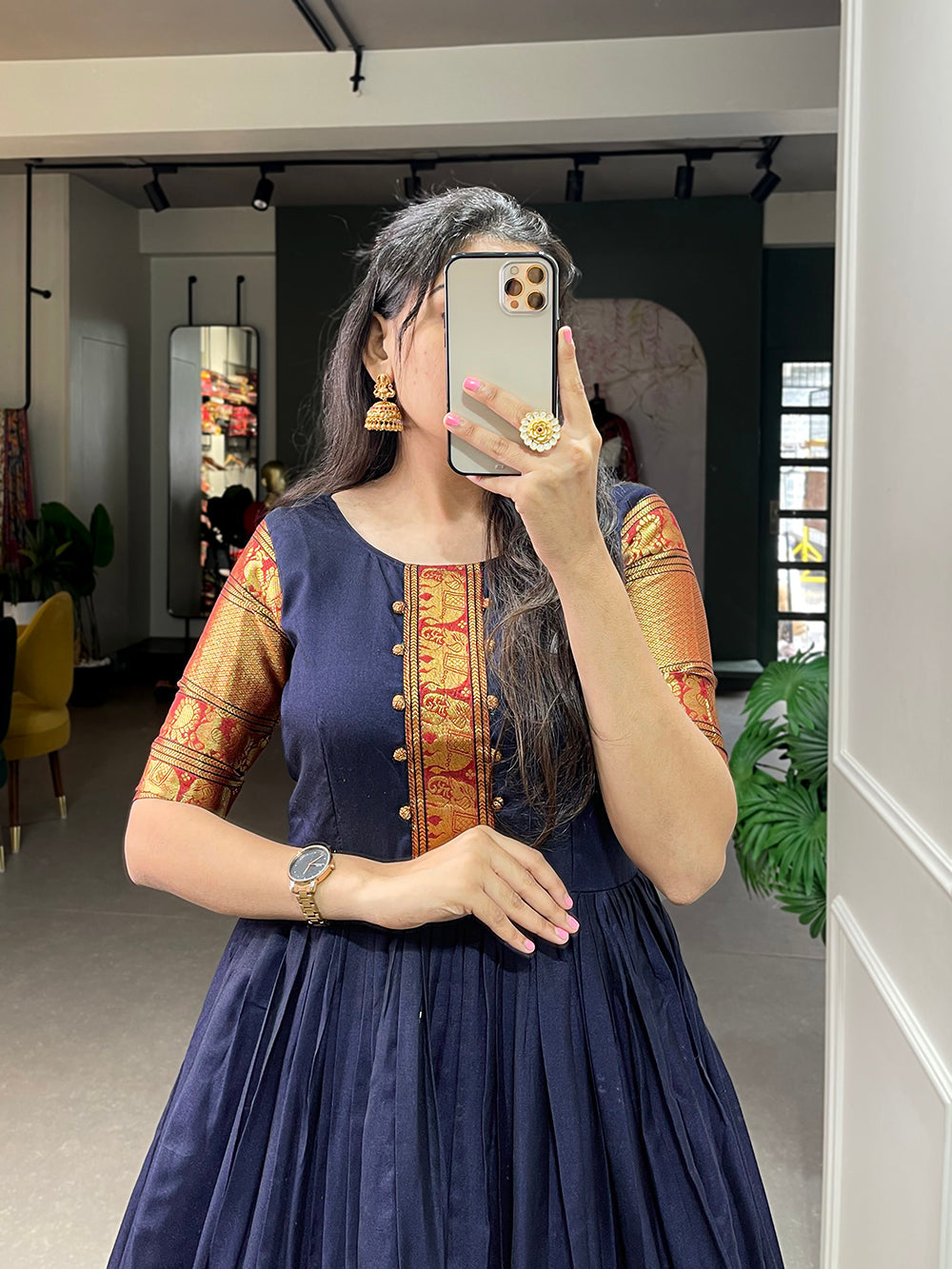 Navy Blue Color Zari Weaving Work Narayan Pet (Cotton) Dress Clothsvilla