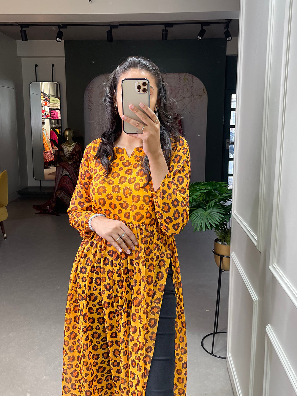 Mustard Color Animal Print Chiffon Kurti Clothsvilla