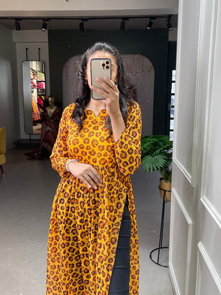 Mustard Color Animal Print Chiffon Kurti Clothsvilla