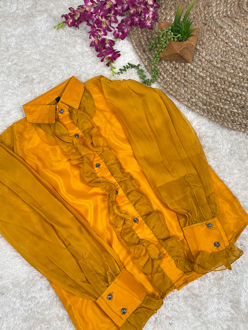Orange Color Organza Plain Shirt ClothsVilla.com Main image