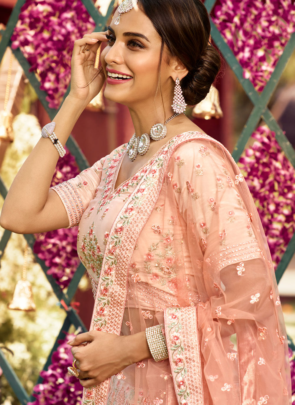 Faux Crepe Patch Border Peach Lehenga Choli Clothsvilla