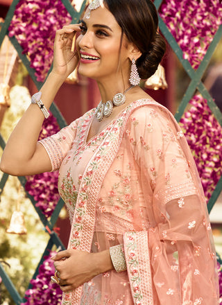 Faux Crepe Patch Border Peach Lehenga Choli Clothsvilla