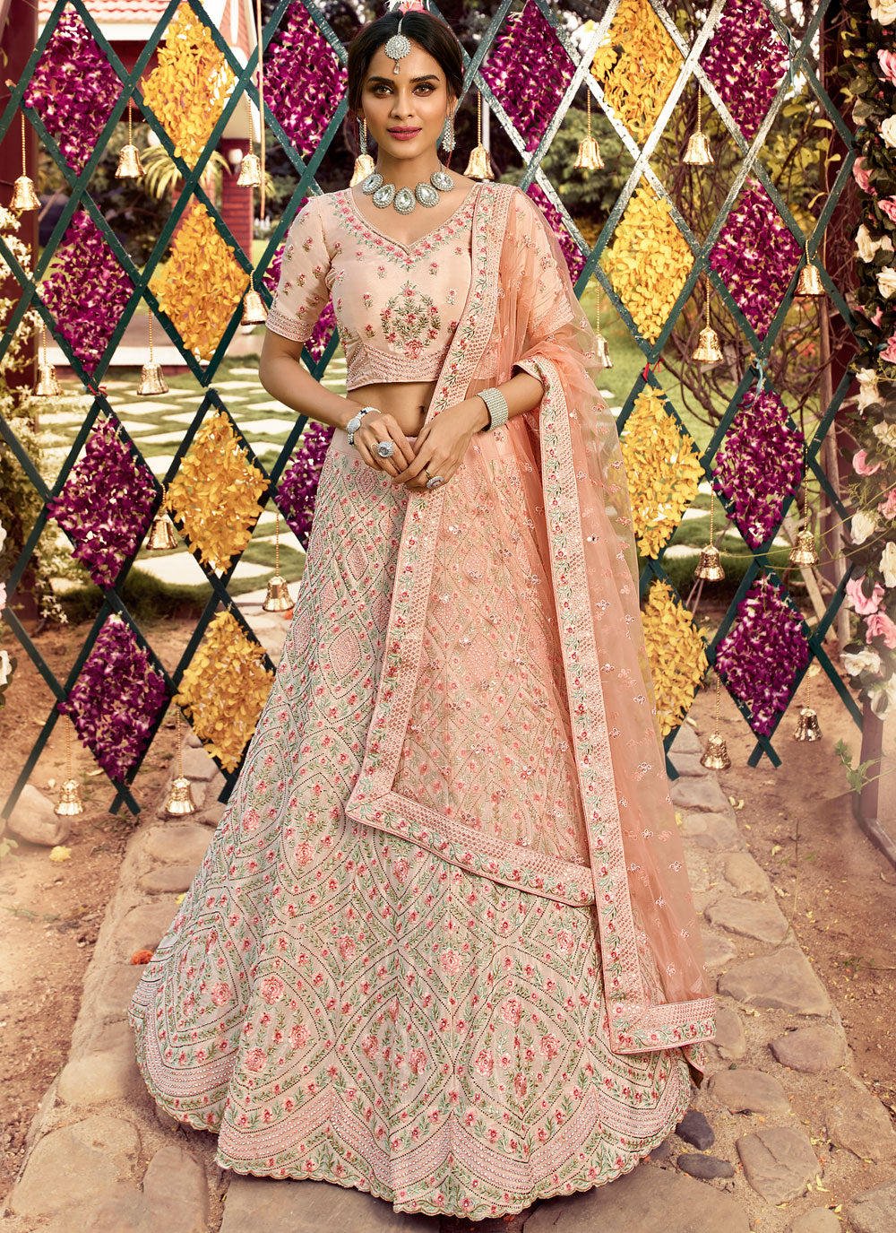 Faux Crepe Patch Border Peach Lehenga Choli Clothsvilla
