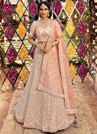 Faux Crepe Patch Border Peach Lehenga Choli Clothsvilla
