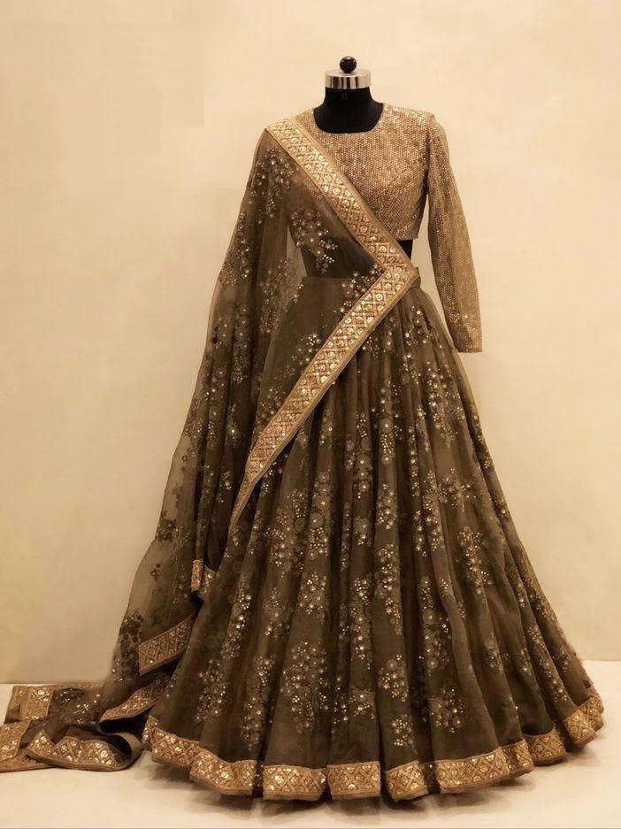 Dark Brown Zari Embroidered Georgette Party Wear Lehenga Choli with Dupatta ClothsVilla