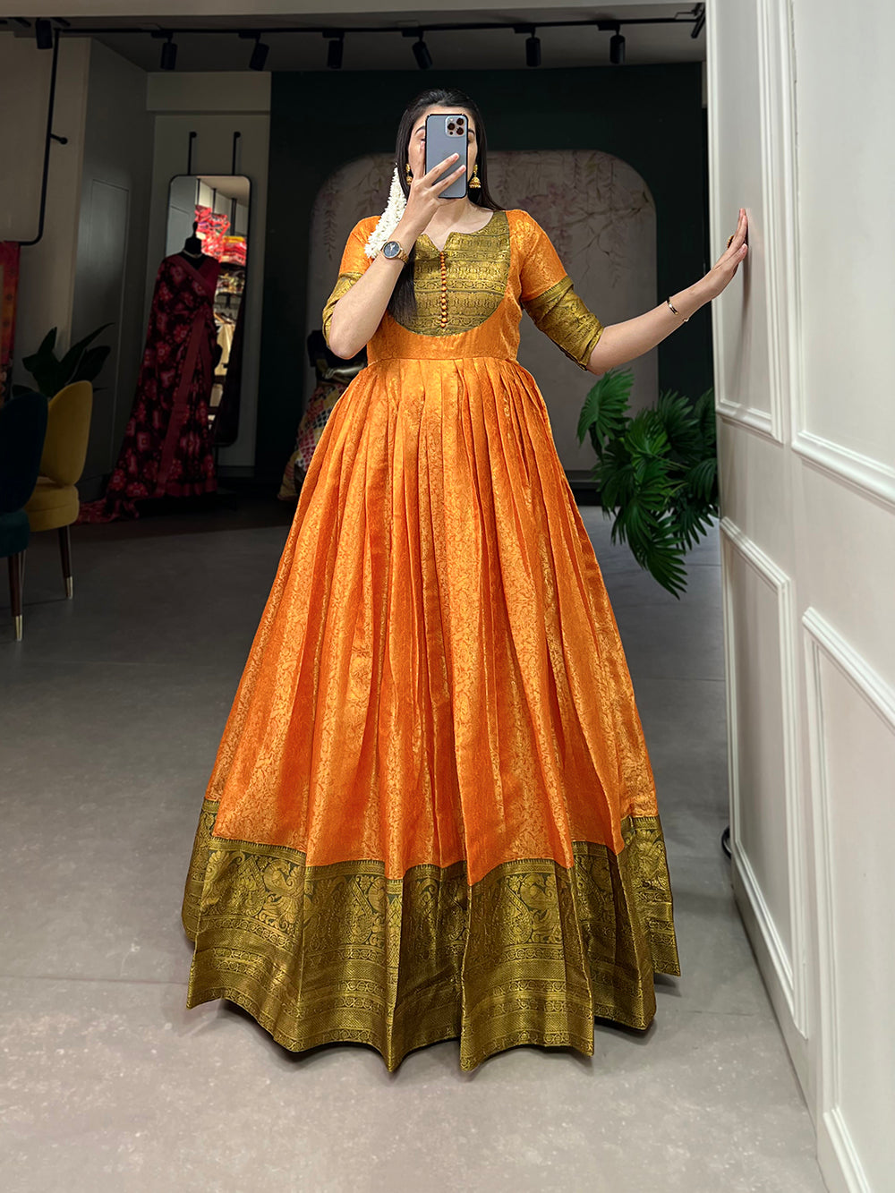 Orange Color Zari Weaving Work Kanjivaram Festival Dress Clothsvilla