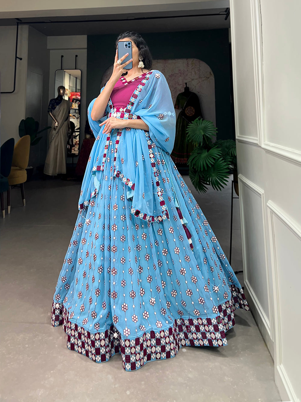 Sky Blue Color Sequins And Embroidery With Original Mirror Work Georgette Lehenga Choli Secondary image