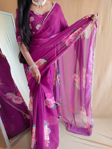 Purple Color Printed With Peral Lace Border Georgette Fancy Saree Clothsvilla