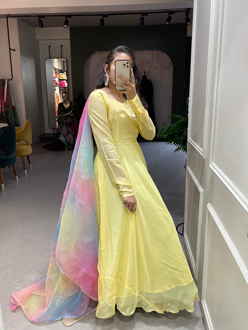 Yellow Color Simple Soft Organza Gown Clothsvilla
