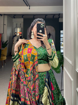 Green Color Digital Printed With Lagadi Patta Gaji Silk Lehenga Choli Clothsvilla