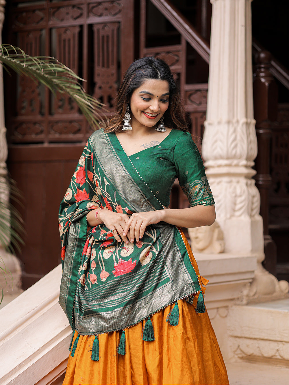Mustard Color Printed With Foil Work Dola Silk Lehenga Choli ClothsVilla.com