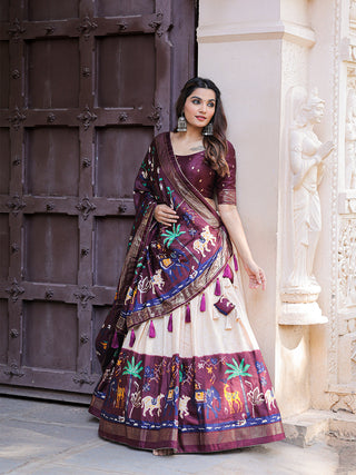 Wine Color Printed With Foil Work Dola Silk Lehenga Choli ClothsVilla.com
