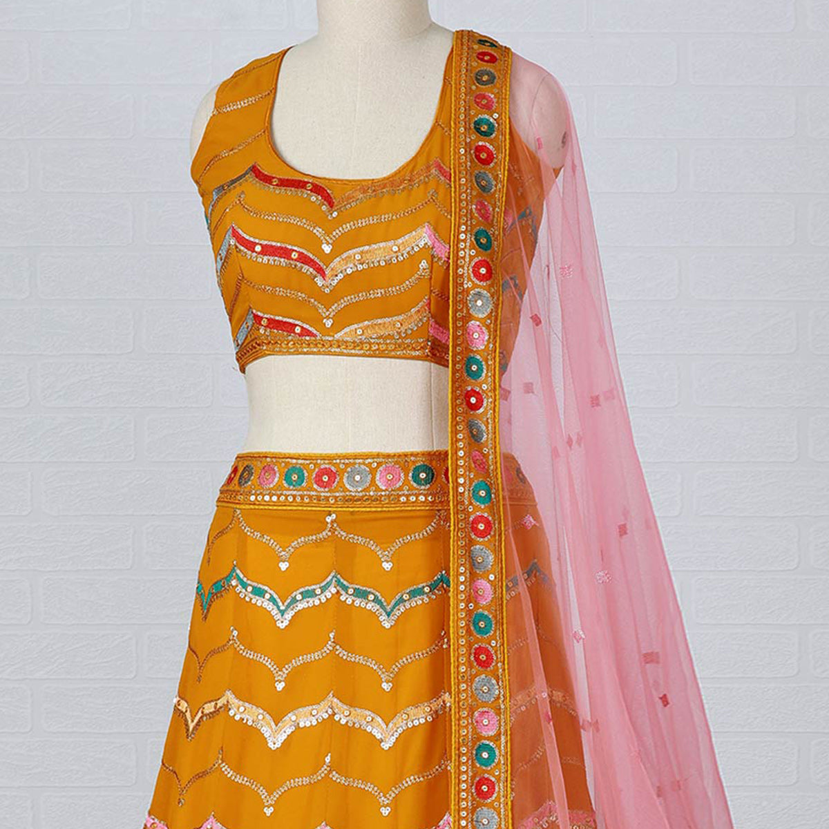 Mustard Sequins Embroidered Georgette Lehenga Choli Clothsvilla