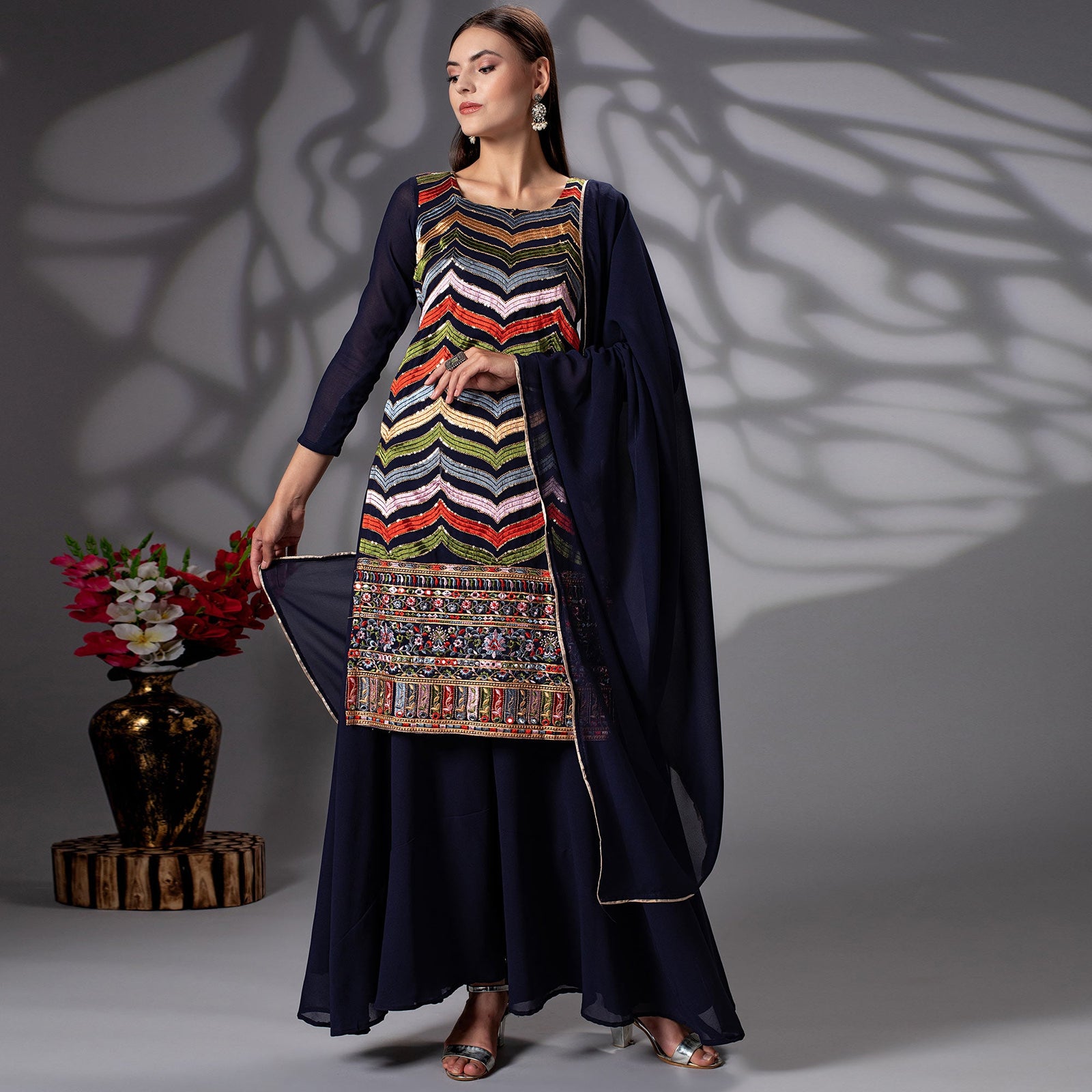 Navy Blue Sequins Embroidered Georgette Sharara Suit Clothsvilla