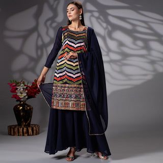 Navy Blue Sequins Embroidered Georgette Sharara Suit Clothsvilla