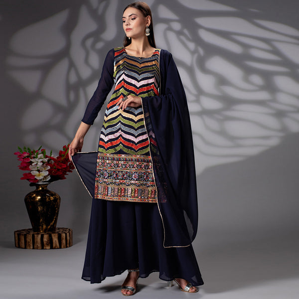Navy Blue Sequins Embroidered Georgette Sharara Suit Clothsvilla