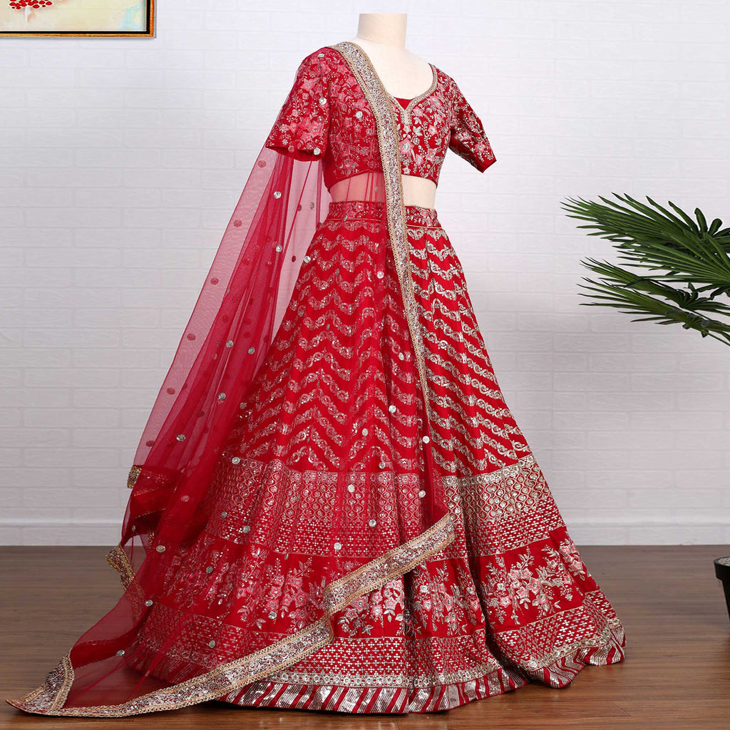 Red Sequins Embroidered Georgette Lehenga Choli Clothsvilla