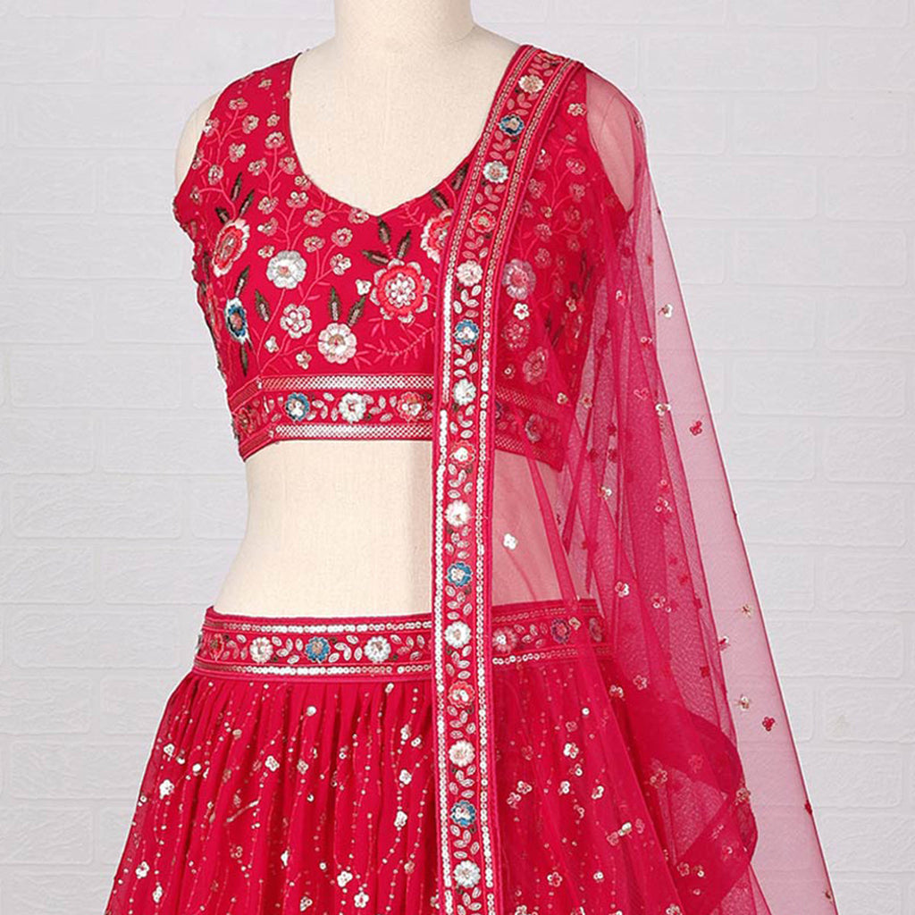 Cherry Red Sequins Embroidered Georgette Lehenga Choli Clothsvilla