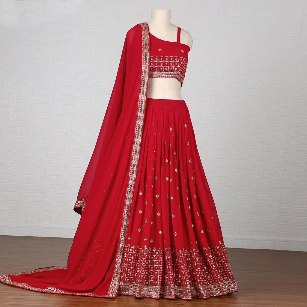 Red Embroidered Georgette Lehenga Choli Clothsvilla