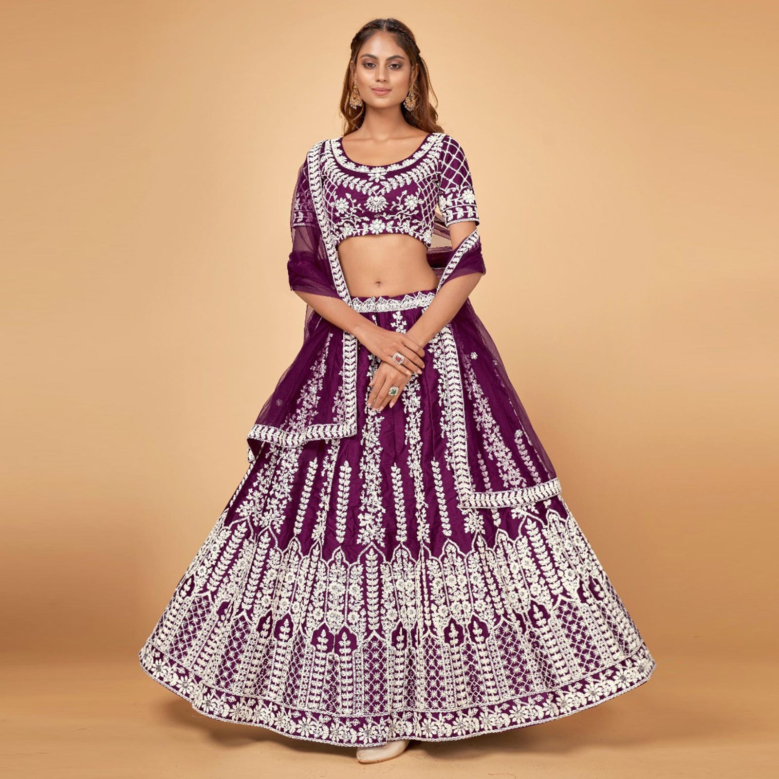 Purple Floral Embroidered Chiffon Lehenga Choli Clothsvilla