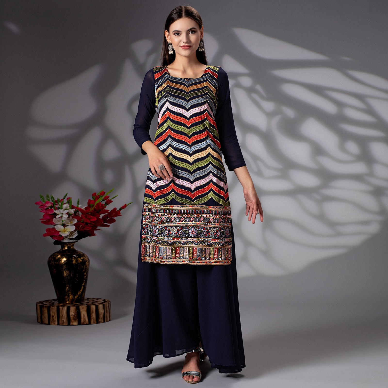 Navy Blue Sequins Embroidered Georgette Sharara Suit Clothsvilla