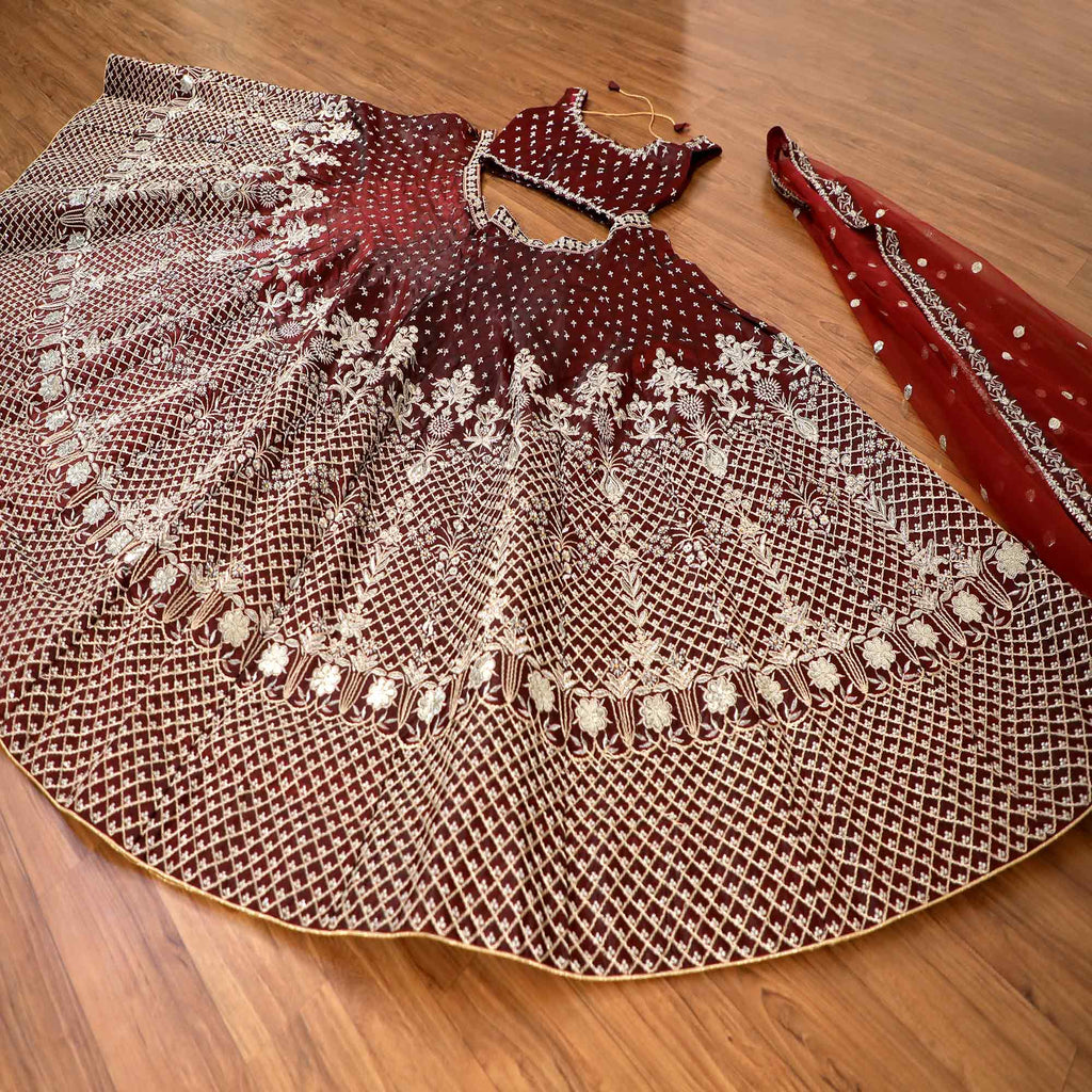 Maroon Embroidered Satin Lehenga Choli Clothsvilla