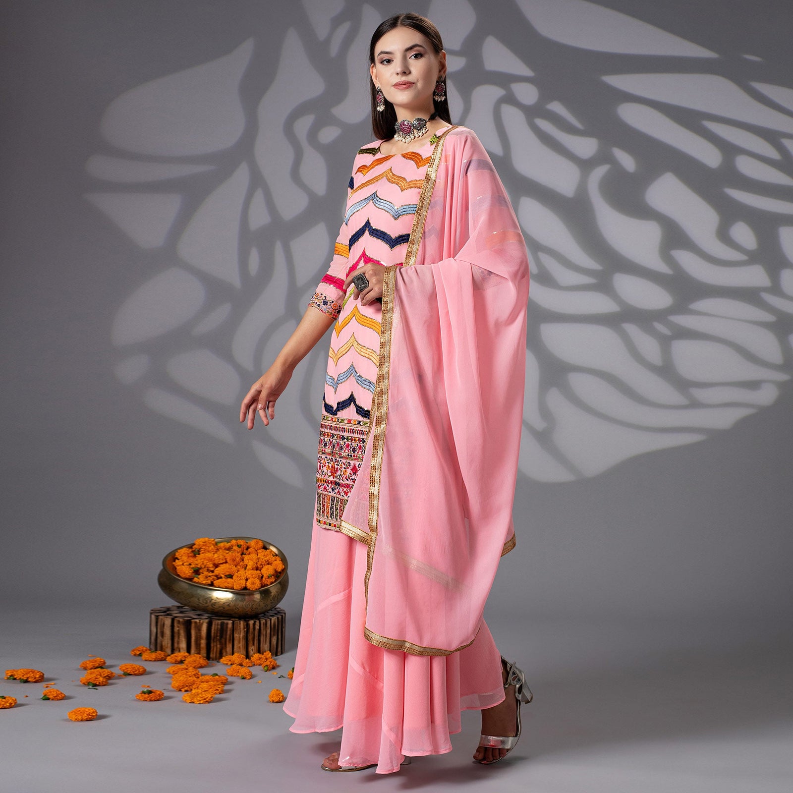 Pink Sequins Embroidered Georgette Sharara Suit Clothsvilla
