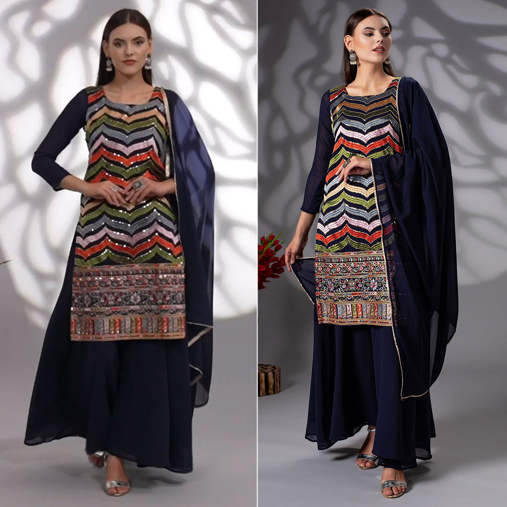 Navy Blue Sequins Embroidered Georgette Sharara Suit Clothsvilla