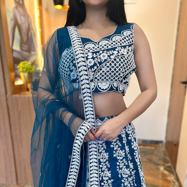 Blue Floral Embroidered Chiffon Lehenga Choli Clothsvilla