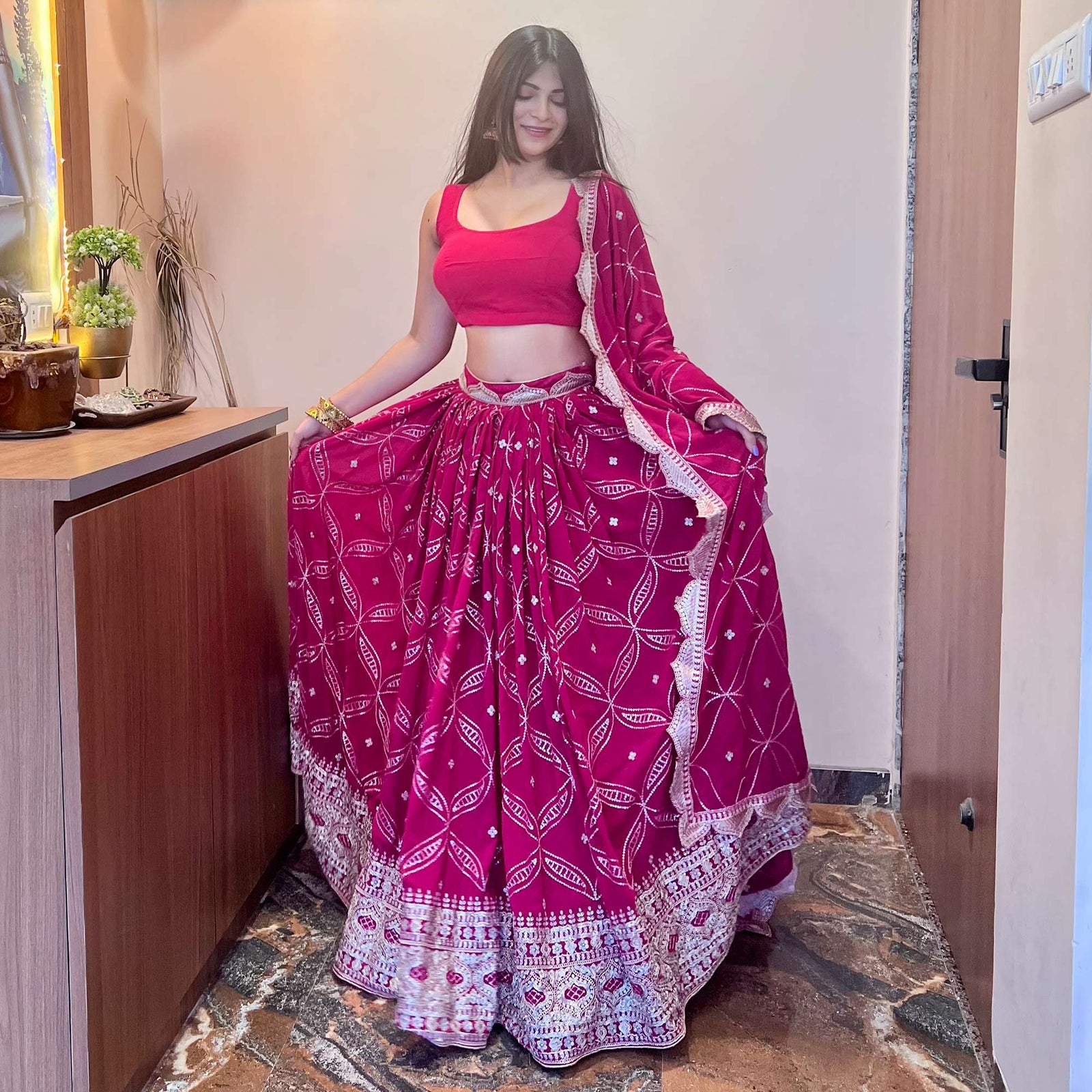 Pink Floral Sequins Embroidered Georgette Lehenga Choli Clothsvilla