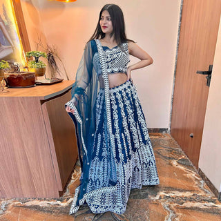 Blue Floral Embroidered Chiffon Lehenga Choli Clothsvilla