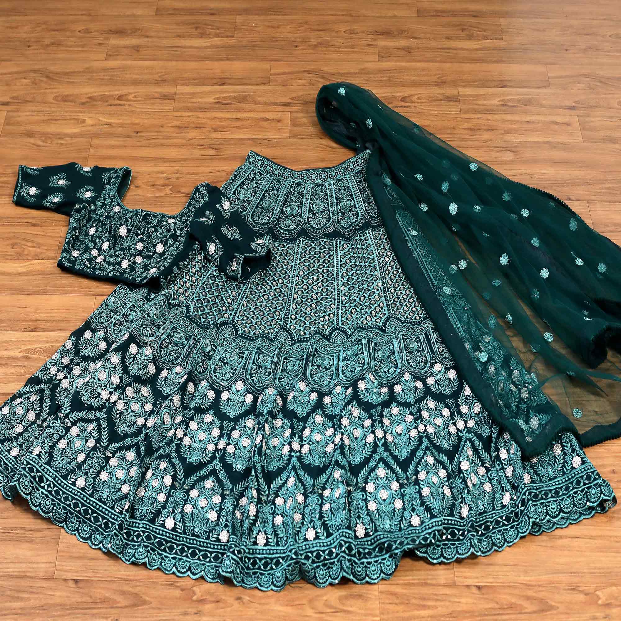 Bottle Green Sequins Embroidered Georgette Lehenga Choli Clothsvilla