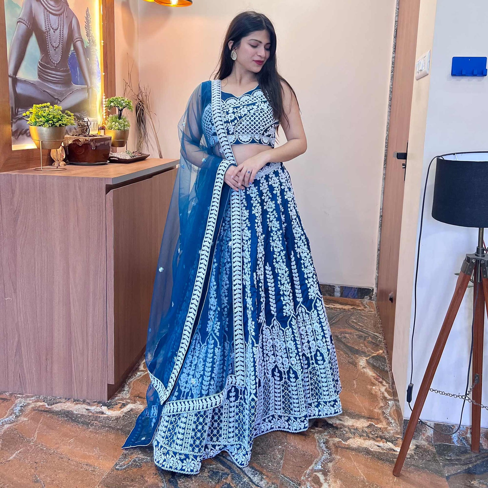 Blue Floral Embroidered Chiffon Lehenga Choli Clothsvilla