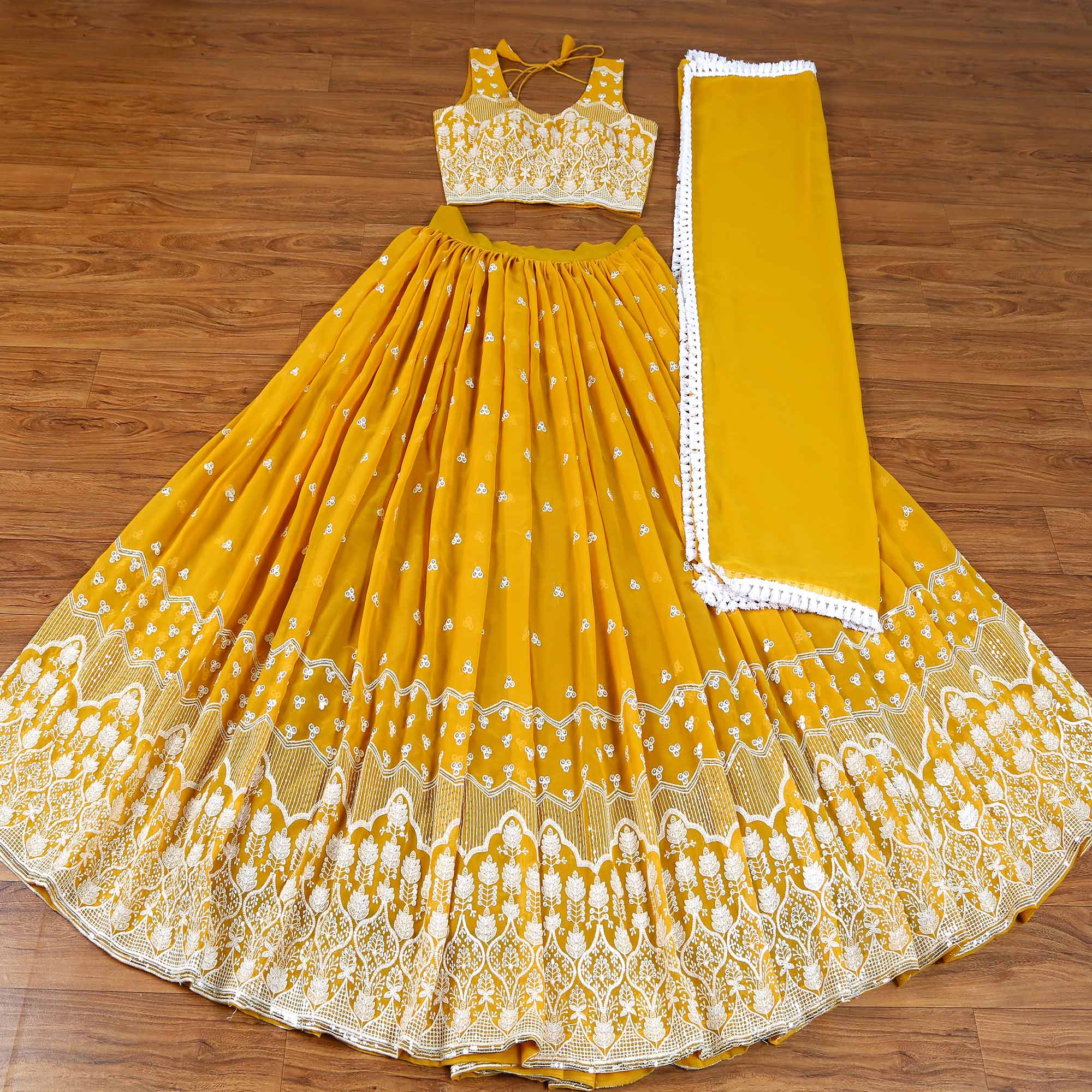 Mustard Sequins Embroidered Georgette Lehenga Choli Clothsvilla