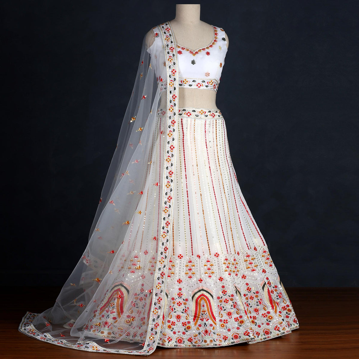 White Sequins Embroidered Georgette Lehenga Choli Clothsvilla Main image
