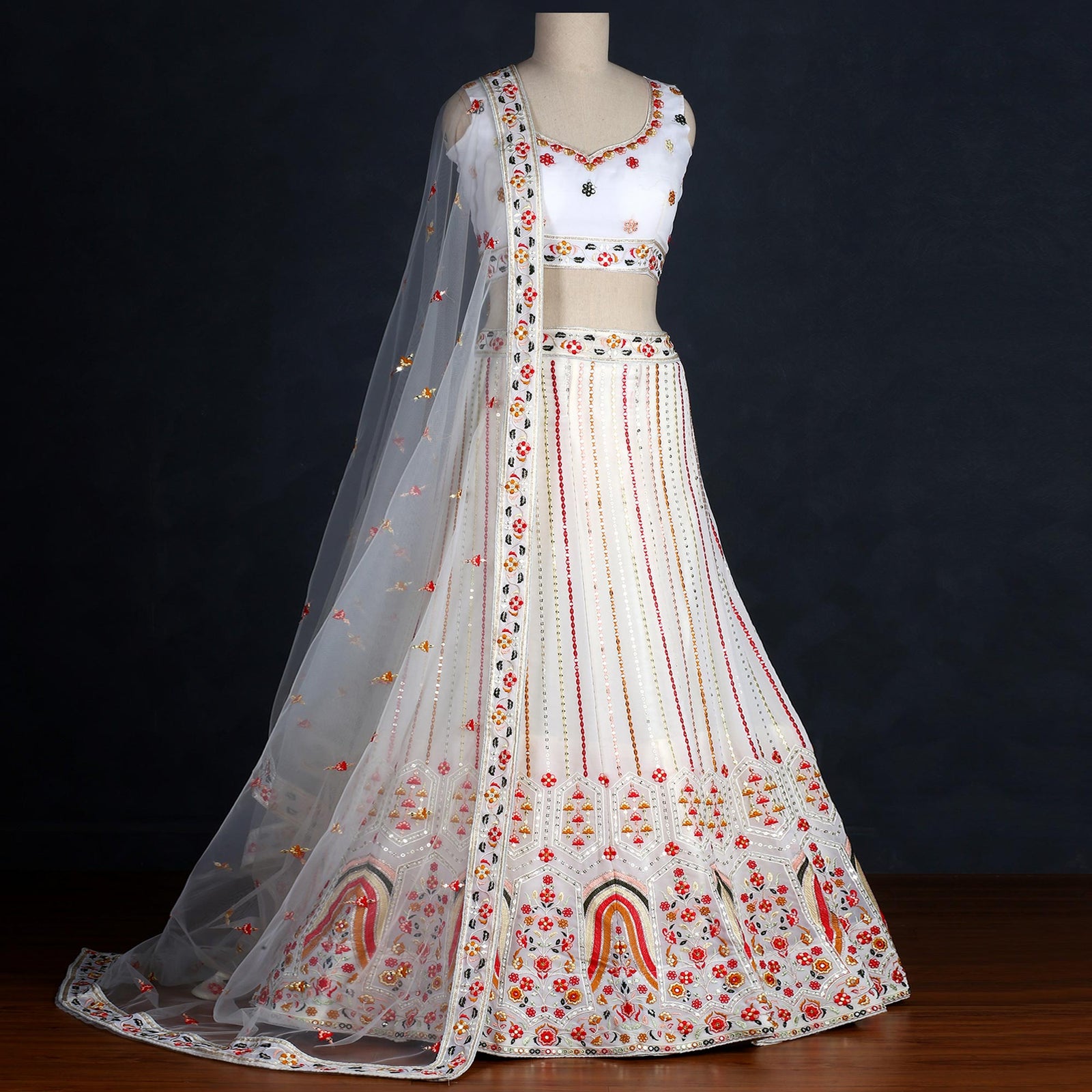 White Sequins Embroidered Georgette Lehenga Choli Clothsvilla