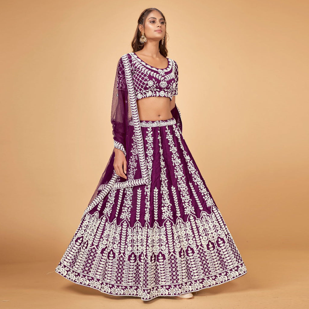 Purple Floral Embroidered Chiffon Lehenga Choli Clothsvilla