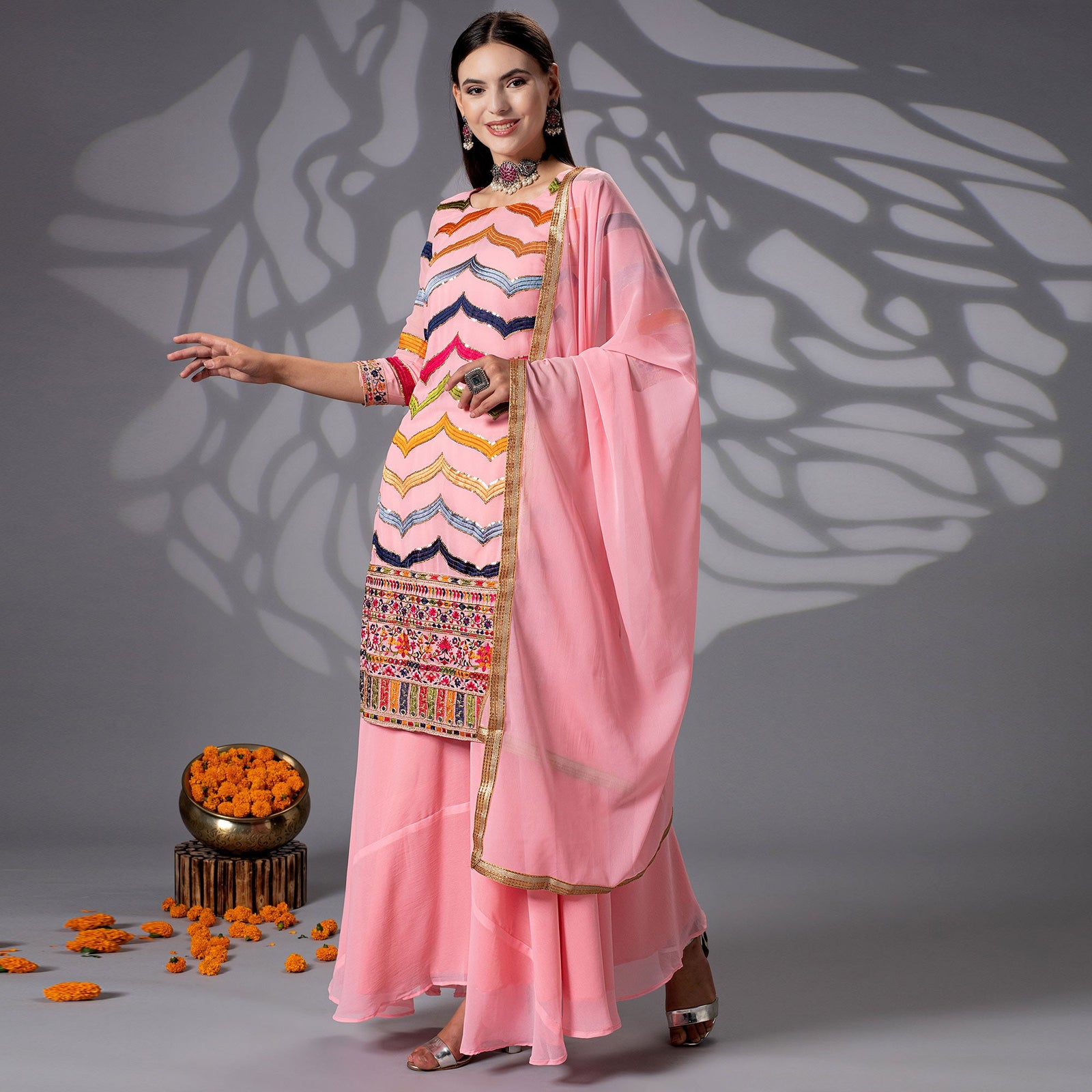 Pink Sequins Embroidered Georgette Sharara Suit Clothsvilla
