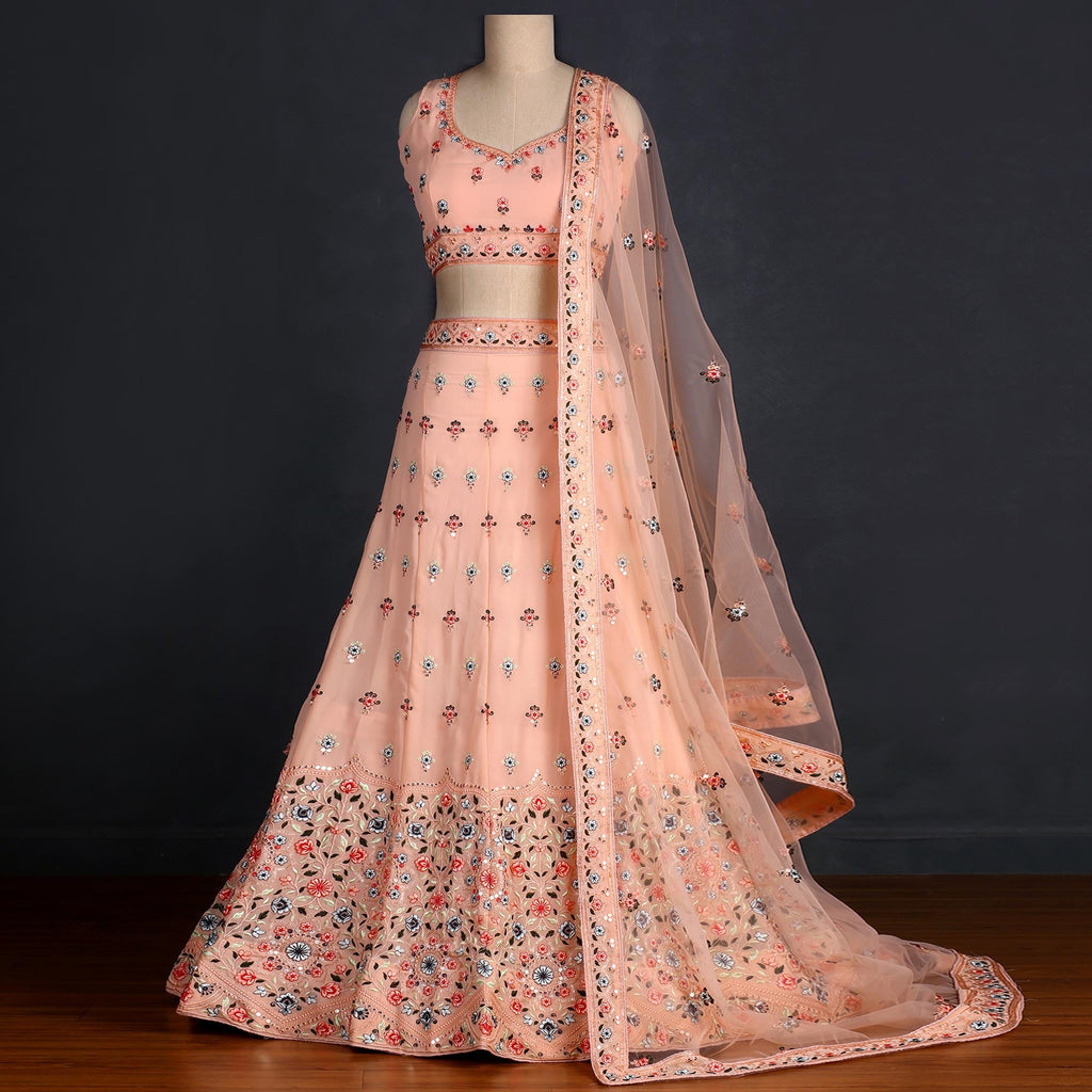 Peach Sequins Embroidered Georgette Lehenga Choli Clothsvilla