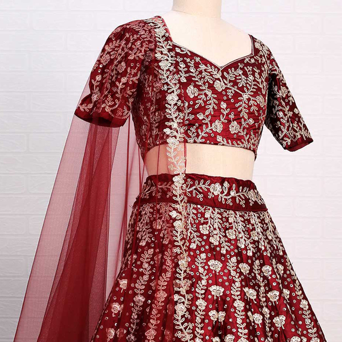 Maroon Embroidered Satin Lehenga Choli Clothsvilla