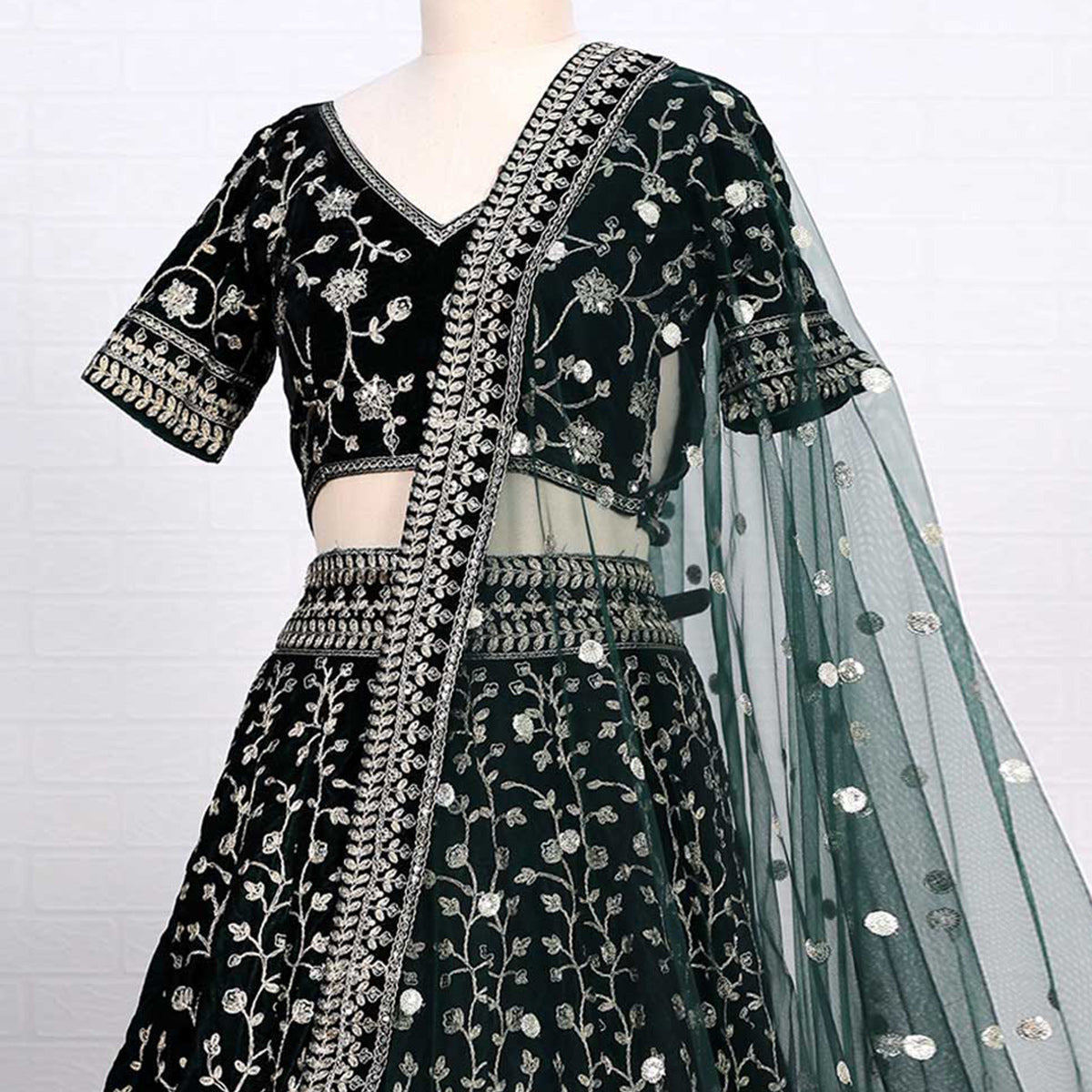 Dark Green Sequins Embroidered Velvet Lehenga Choli Clothsvilla