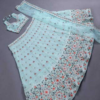 Aqua Blue Sequins Embroidered Georgette Lehenga Choli Clothsvilla