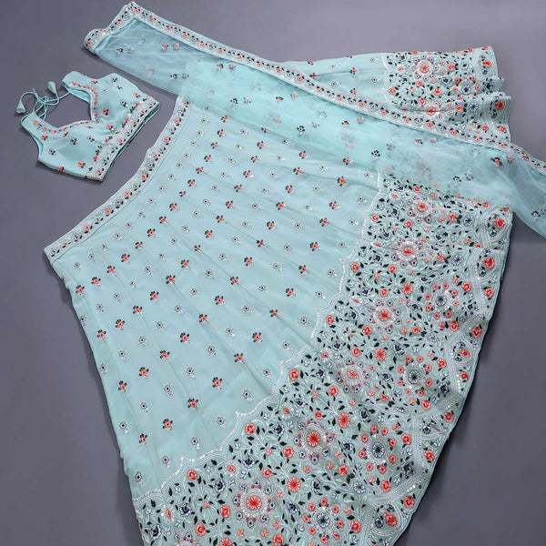 Aqua Blue Sequins Embroidered Georgette Lehenga Choli Clothsvilla