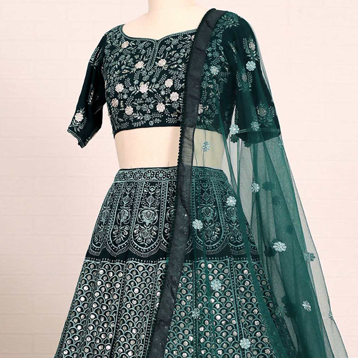 Bottle Green Sequins Embroidered Georgette Lehenga Choli Clothsvilla