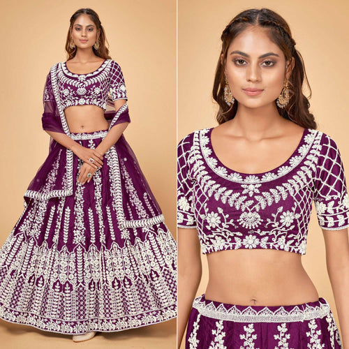 Purple Floral Embroidered Chiffon Lehenga Choli Clothsvilla