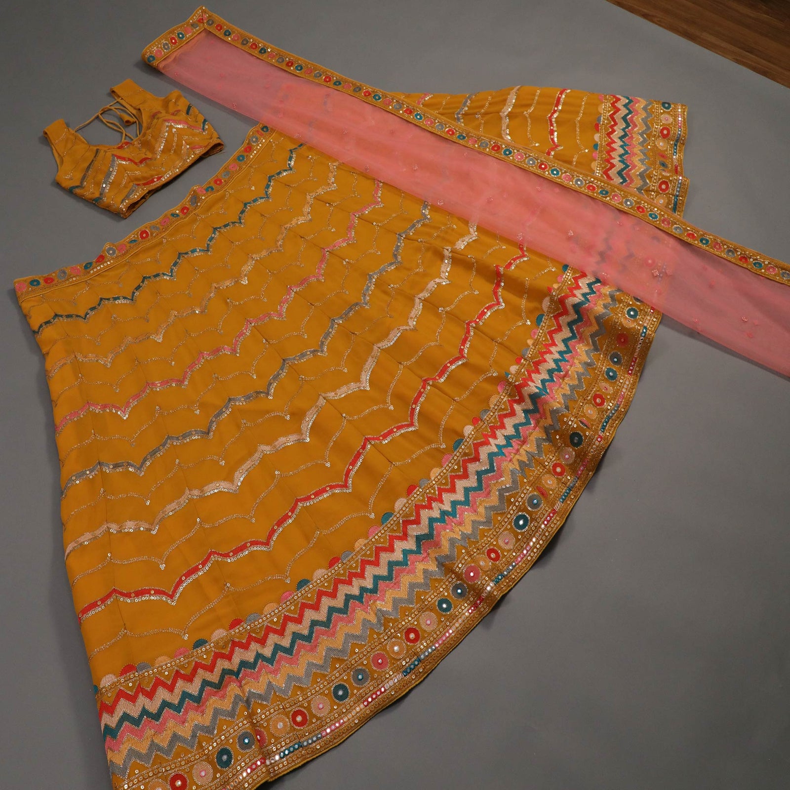 Mustard Sequins Embroidered Georgette Lehenga Choli Clothsvilla