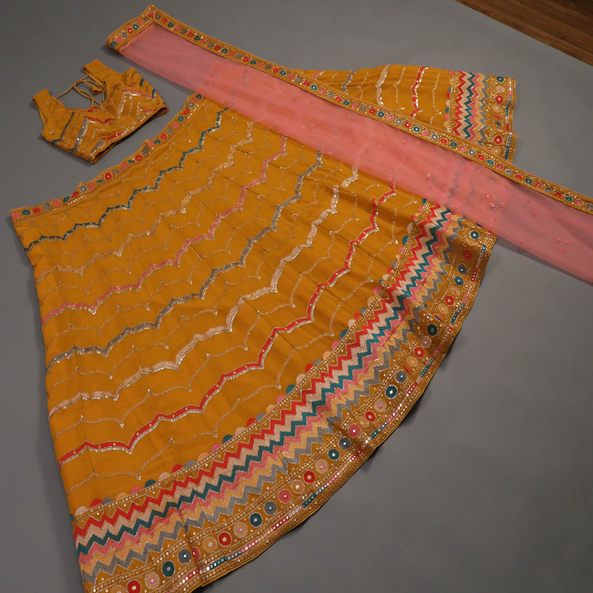 Mustard Sequins Embroidered Georgette Lehenga Choli Clothsvilla