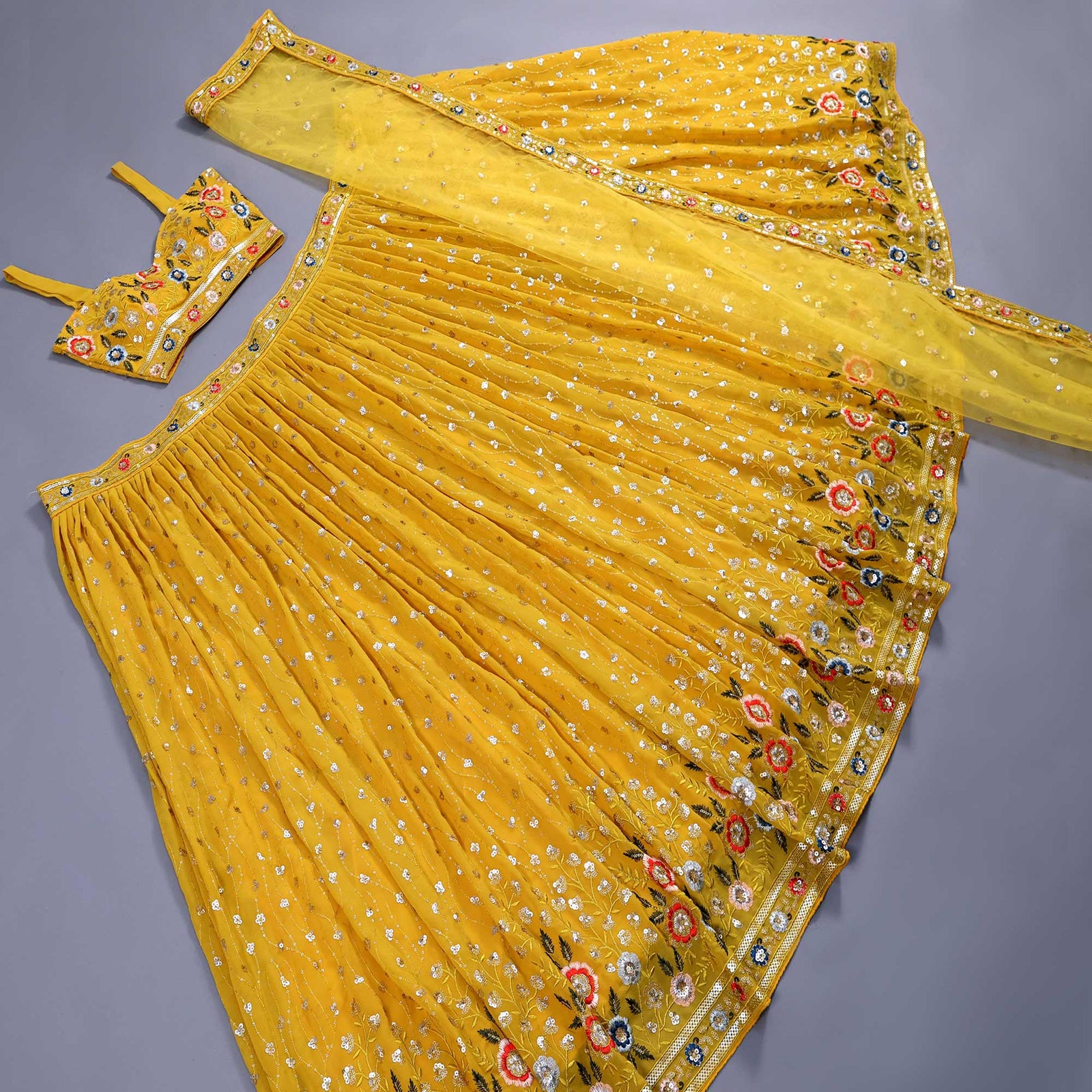 Mustard Sequins Embroidered Georgette Lehenga Choli Clothsvilla