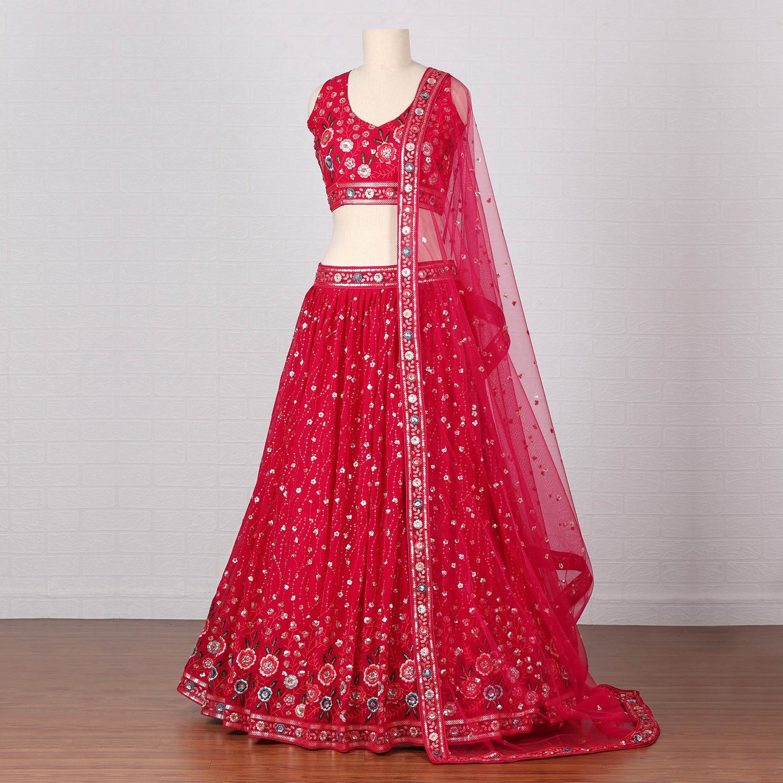 Cherry Red Sequins Embroidered Georgette Lehenga Choli Clothsvilla