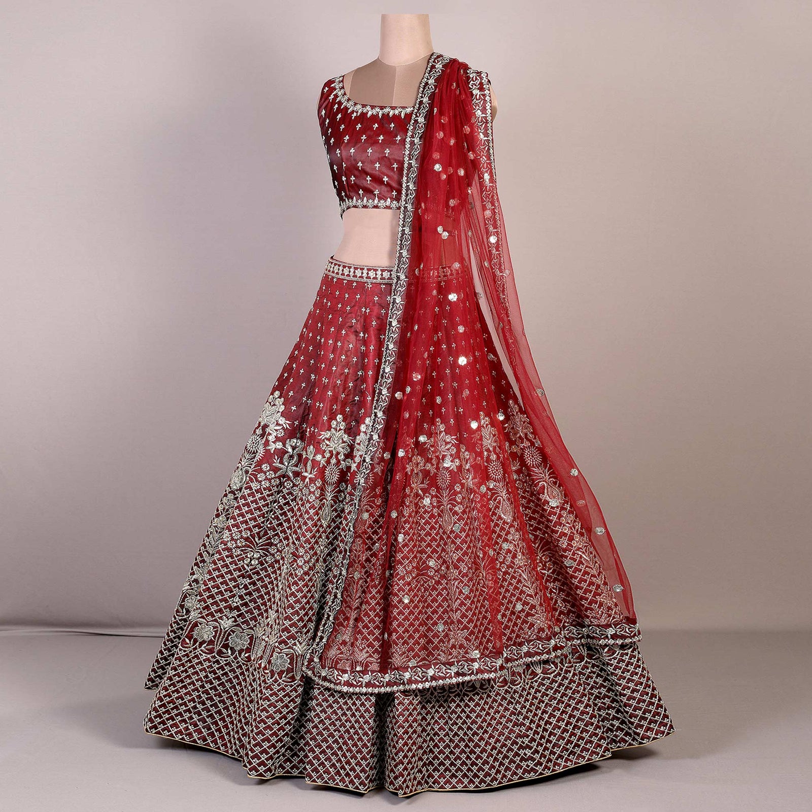 Maroon Embroidered Satin Lehenga Choli Clothsvilla